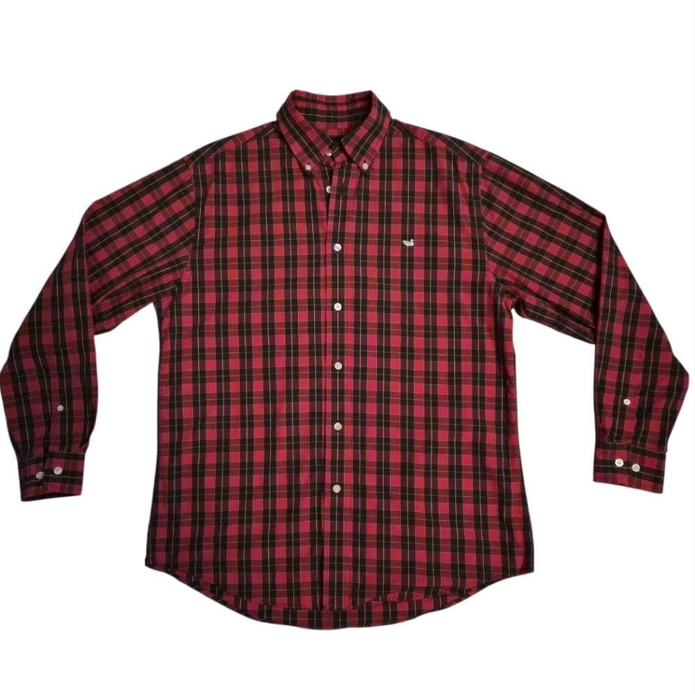 Southern Marsh Dress Shirt Windowpane Plaid Red Black sz M